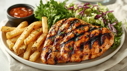 Grilled chicken breast fries and salad presented on a white plate