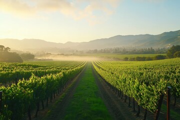 Naklejka premium A serene dawn over lush vineyards in Napa Valley with fog gently rising in the background