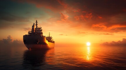 Fototapeta premium Majestic silhouette of a massive offshore oil tanker set against a breathtaking sunset with a vibrant sky of warm fiery tones reflecting on the gently rippling ocean surface