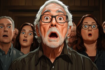 Group of people look stunned with wide eyes, facing directly toward viewer