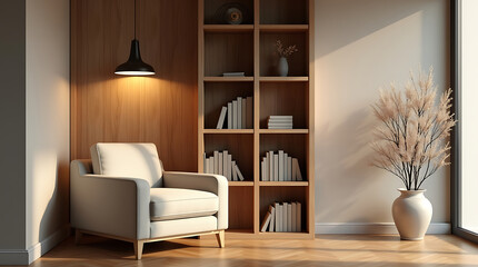 A cozy minimalist reading nook with soft, diffused lighting. A comfortable armchair with plush neutral upholstery sits beside a sleek wooden bookshelf, illuminated by a gentle pendant light.
