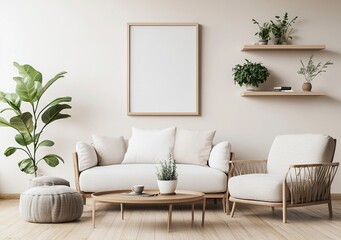 Sofa, armchair, and coffee table in a living room interior with a wooden floor and plants on a shelf. Home decor mockup with a frame hanging above the sofa. Scandinavian-style home decoration