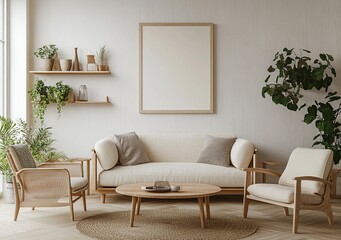 Sofa, armchair, and coffee table in a living room interior with a wooden floor and plants on a shelf. Home decor mockup with a frame hanging above the sofa. Scandinavian-style home decoration