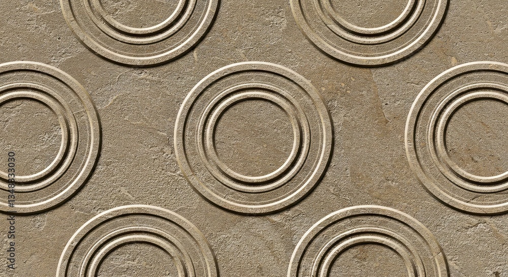 Poster geometric rings pattern: a symmetrical repeating pattern of embossed concentric rings, exuding a mod