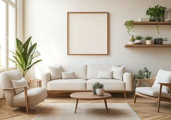 Sofa, armchair, and coffee table in a living room interior with a wooden floor and plants on a shelf. Home decor mockup with a frame hanging above the sofa. Scandinavian-style home decoration