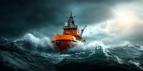 Powerful offshore supply vessel braving choppy seas to deliver critical equipment to towering oil platforms in a remote location