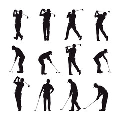 Naklejka premium collection of Golf man silhouettes in different posses clipart vector illustrator 