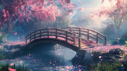 Walking on Wooden Bridge in Magical Cherry Blossom Garden Setting