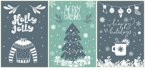 Set of Christmas new year winter holiday greeting cards with xmas decoration, tree, sweater, gift boxes, snowflakes, calligraphy text. Trendy hand drawn Vector monochrome blue teal illustrations.