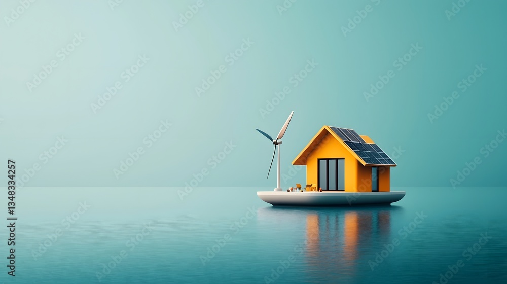 Poster sleek and minimalist modular structure equipped with solar panels and wind turbines floating on the 