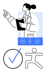 Doctor holding clipboard, pointing forward, with call and voice icons below. Includes a checkmark inside a circle and an active person icon. Ideal for telemedicine, health advice, medical guidance