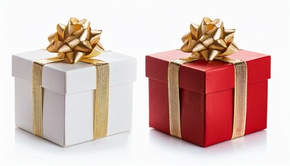 two white and red gift box with gold ribbon isolated on transparent background cutout