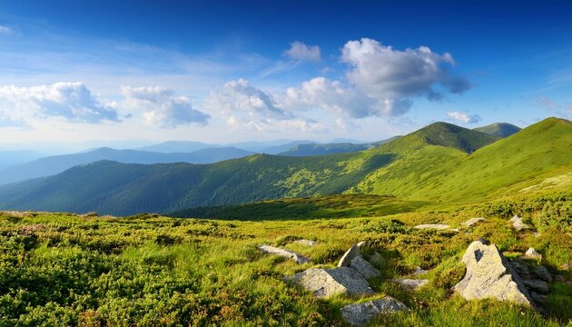 green meadows of carpathian mountain landscape alpine nature scenery with stones among lush grass on rolling hills beneath a blue sky with clouds summer vacations in ukraine