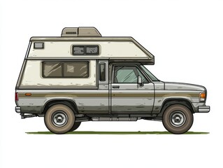 Vintage camper van illustration, retro travel vehicle design, outdoor adventure mobile home, side view sketch on white background