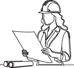 Minimalist Line Drawing of Female Architect with Blueprint