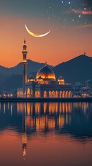 Naklejka premium A beautiful mosque with a glowing crescent moon at twilight