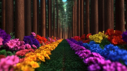 Colorful flower-lined path in a forest