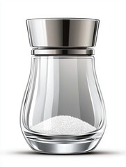 Elegant transparent salt shaker with fine white salt inside, stylish kitchen condiment container for culinary use and food preparation