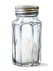 Clear Glass Salt Shaker with Lid Containing Granulated White Salt on a Clean Background