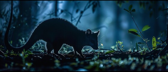 Cinematic wildlife photograph of Northern Brushtail Possum foraging night shot fast prime lens dramatic rim lighting highlight silhouette against dark forest Misty background enhances nocturnal