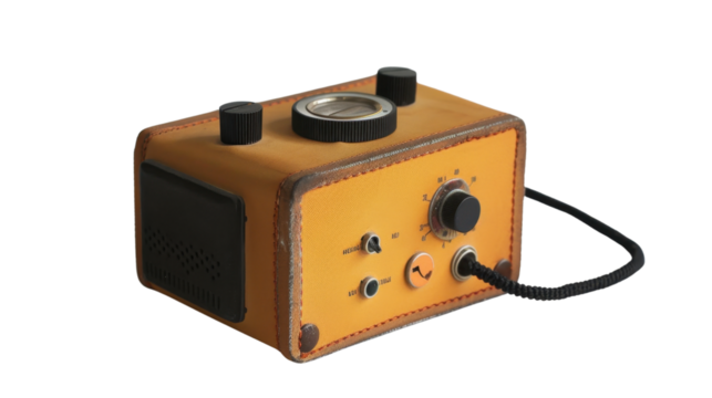 Vintage orange radio receiver with knobs and dials on transparent background