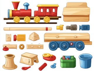 Colorful Wooden Toy Train and Playset Elements for Creative Imagination and Learning Activities in Early Childhood Development