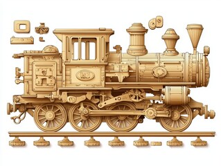 Detailed Wooden Model of a Vintage Steam Locomotive with Components Isolated on White Background