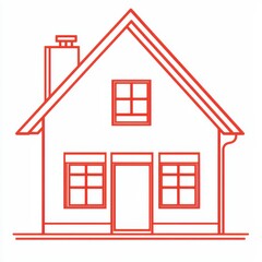 Red Outline of a Simple House with Windows and a Chimney in Minimalist Style