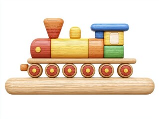 Colorful Wooden Toy Train with Building Blocks on Track for Children's Playtime and Educational Activities