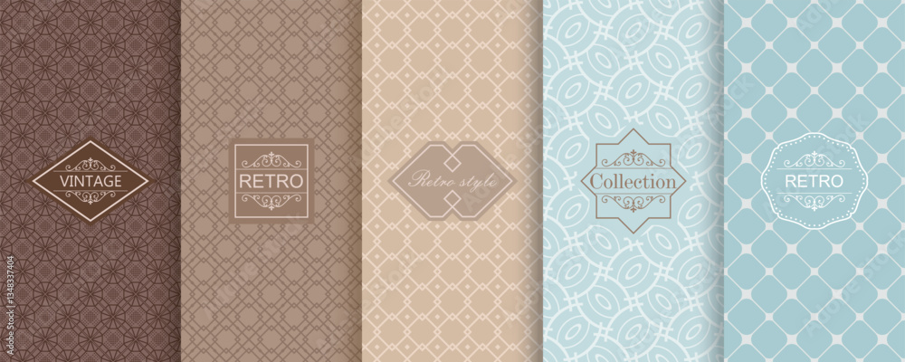Poster Set of Cute geometric seamless patterns on modern background with minimal labels, frames. Abstract vector textures. Design for print, vaucher, decor, package, banner, card