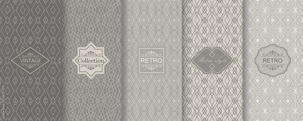 Poster Set of Cute geometric seamless patterns on modern background with minimal labels, frames. Abstract vector textures. Design for print, vaucher, decor, package, banner, card