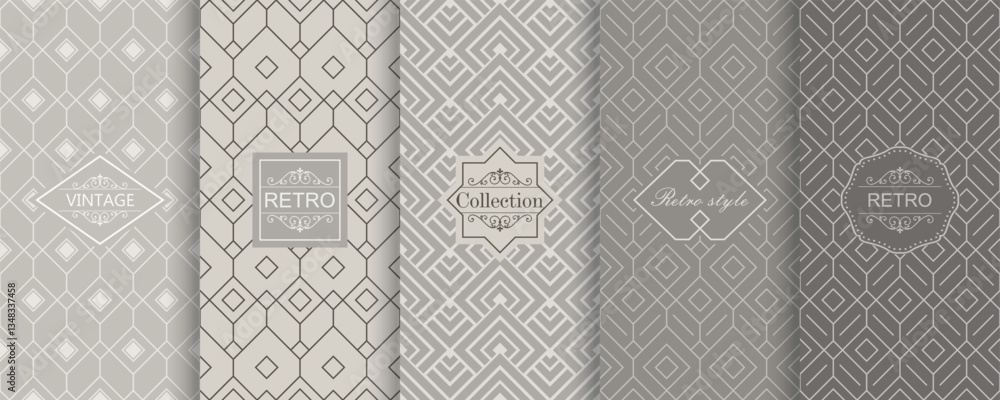 Aufkleber Set of Cute geometric seamless patterns on modern background with minimal labels, frames. Abstract vector textures. Design for print, vaucher, decor, package, banner, card