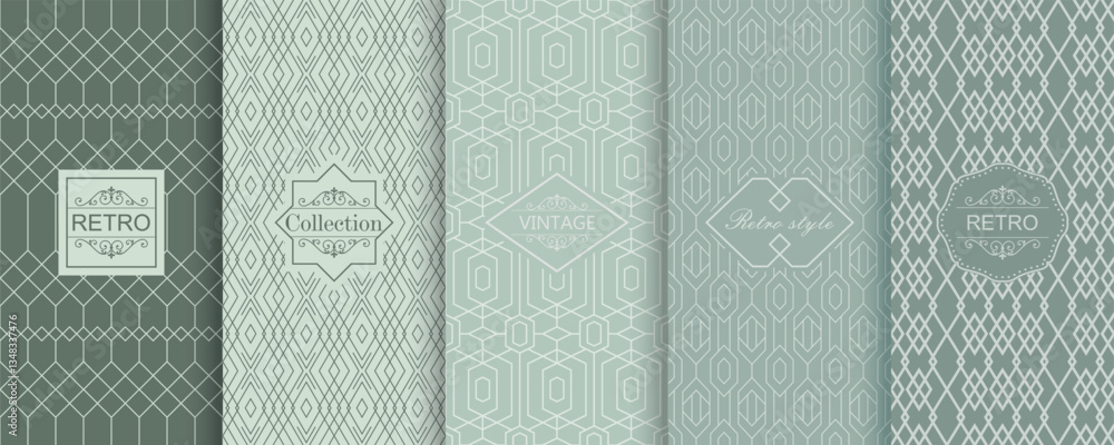 Poster Set of Cute geometric seamless patterns on modern background with minimal labels, frames. Abstract vector textures. Design for print, vaucher, decor, package, banner, card