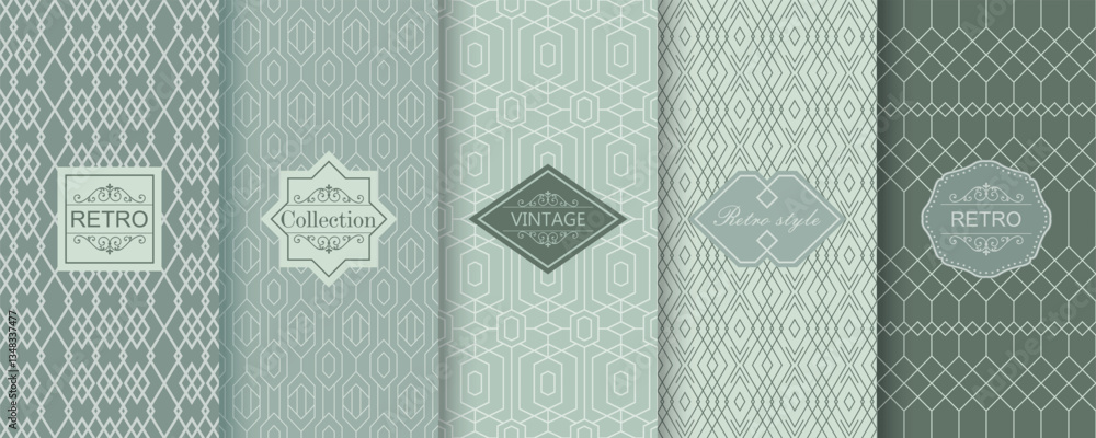Poster Set of Cute geometric seamless patterns on modern background with minimal labels, frames. Abstract vector textures. Design for print, vaucher, decor, package, banner, card