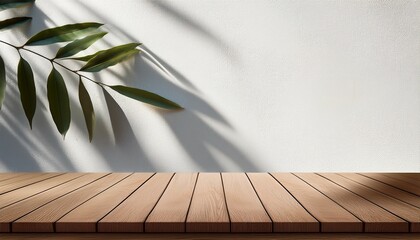 empty japandi wood table with leaves shadow on white stucco wall texture background suitable for product presentation backdrop display and mock up