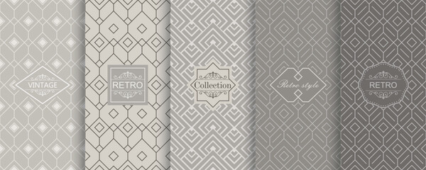 Set of Cute geometric seamless patterns on modern background with minimal labels, frames. Abstract vector textures. Design for print, vaucher, decor, package, banner, card