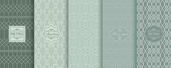 Set of Cute geometric seamless patterns on modern background with minimal labels, frames. Abstract vector textures. Design for print, vaucher, decor, package, banner, card