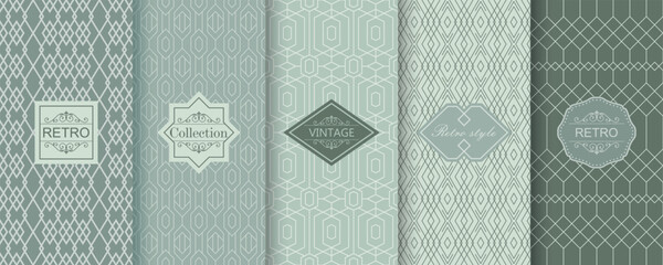 Set of Cute geometric seamless patterns on modern background with minimal labels, frames. Abstract vector textures. Design for print, vaucher, decor, package, banner, card