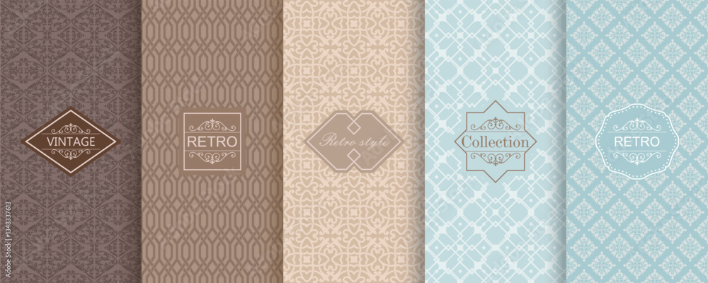 Poster Set of Cute geometric seamless patterns on modern background with minimal labels, frames. Abstract vector textures. Design for print, vaucher, decor, package, banner, card