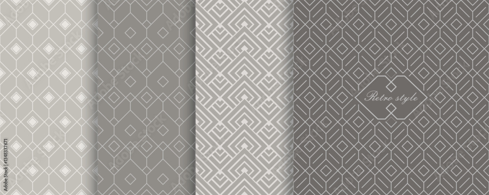Poster Set of Cute geometric seamless patterns on modern background with minimal labels, frames. Abstract vector textures. Design for print, vaucher, decor, package, banner, card