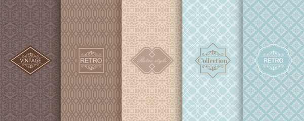 Set of Cute geometric seamless patterns on modern background with minimal labels, frames. Abstract vector textures. Design for print, vaucher, decor, package, banner, card