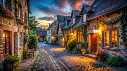 Obraz premium Serene village nights: golden hour's glow fades to ambient darkness, capturing rural twilight shadows.