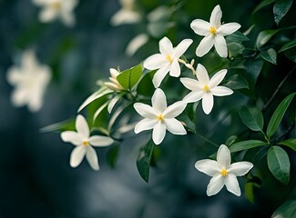 Obraz premium White, star-shaped flowers in the garden, blurred background, dark green leaves, macro photography, blurred foreground, bokeh effect, high-resolution photography, high detail, high quality, high defin
