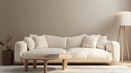 Minimalist beige living room with sofa and coffee table