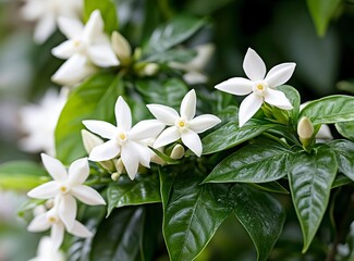 Obraz premium White, star-shaped flowers in the garden, blurred background, dark green leaves, macro photography, blurred foreground, bokeh effect, high-resolution photography, high detail, high quality, high defin