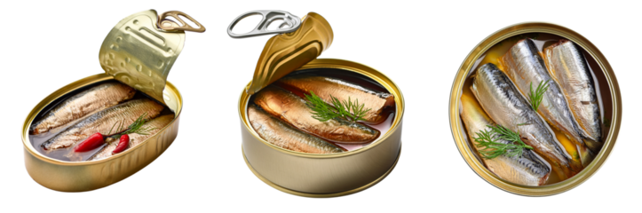 Canned Sardines Trio: A close-up showcases three separate tins of sardines, one opened at different angles, displaying the preserved fish with fresh herbs and vibrant colors. 
