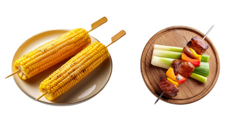 Summer BBQ Feast: A mouthwatering spread of grilled corn on the cob and colorful skewers, showcasing fresh ingredients and tempting textures, ready for a delightful barbecue experience.