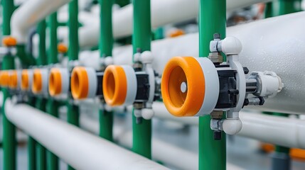 Industrial Pipe System with Green and Orange Valves and Fittings