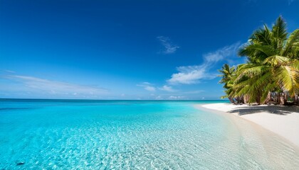 Fototapeta premium tropical sea beach scene with clear turquoise water white sandy shore and palm trees under a bright blue sky on a sunny day