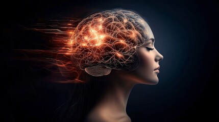 Obraz premium Illuminated Brain Woman s Profile Neural Pathways Mind Intellect Cognition